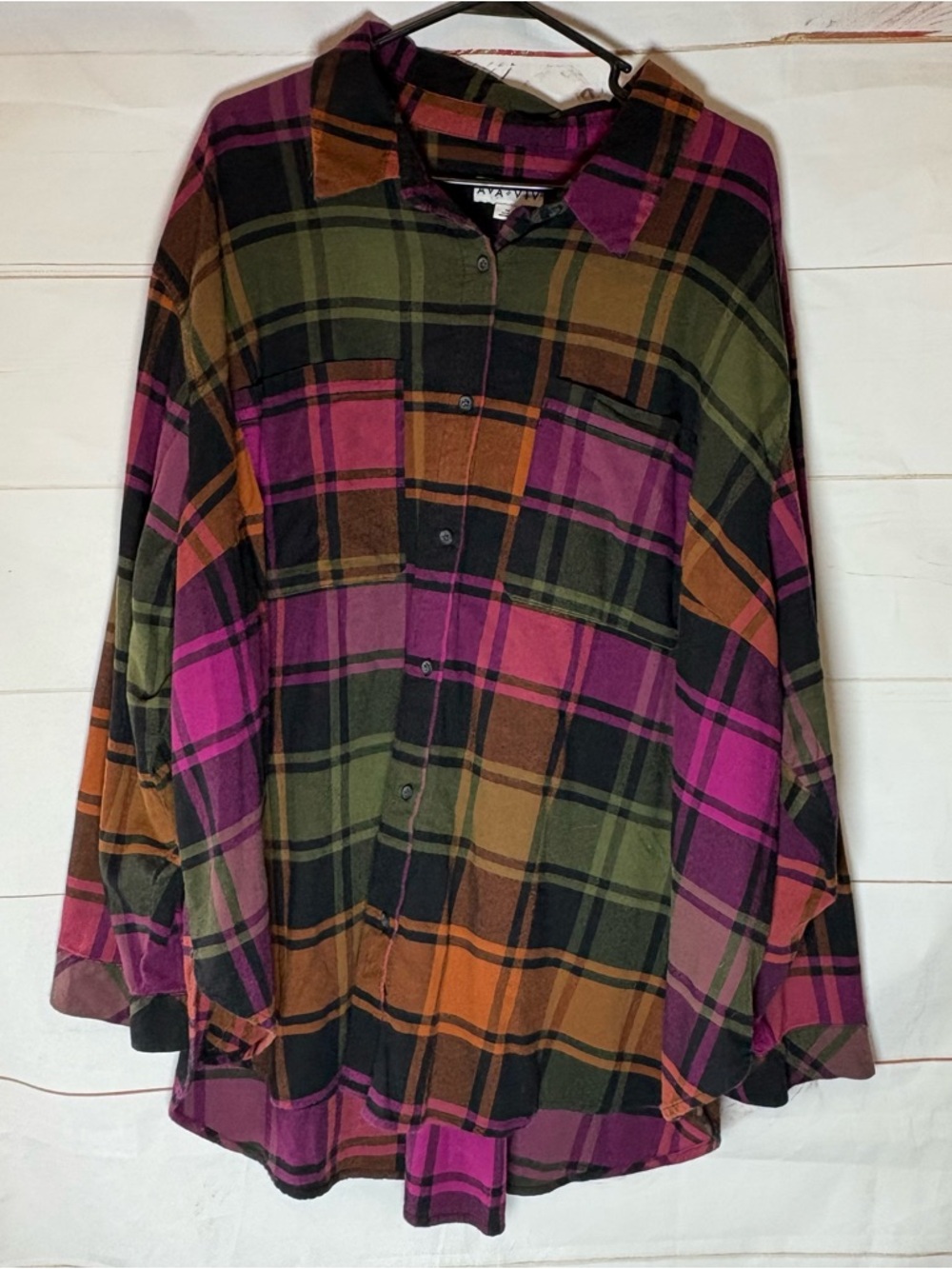 Ava & Viv Plus Size Plaid Button-Up in Olive, Magenta & Rust